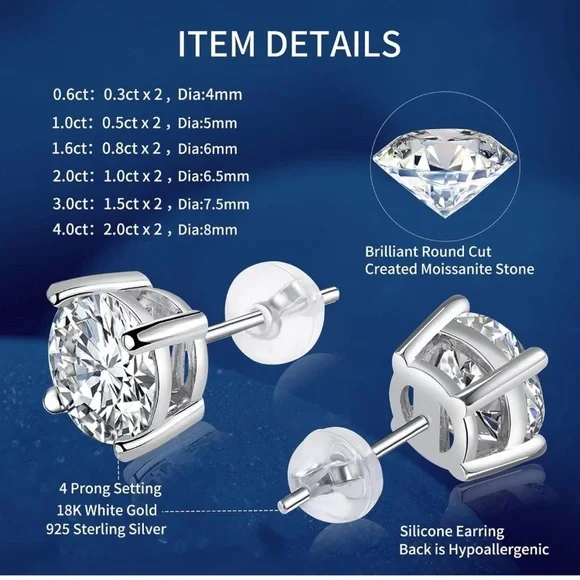 1 Karat Moissanite Stud earrings 1/2 Karat Each Gold Jewelry - Picture 5 of 5